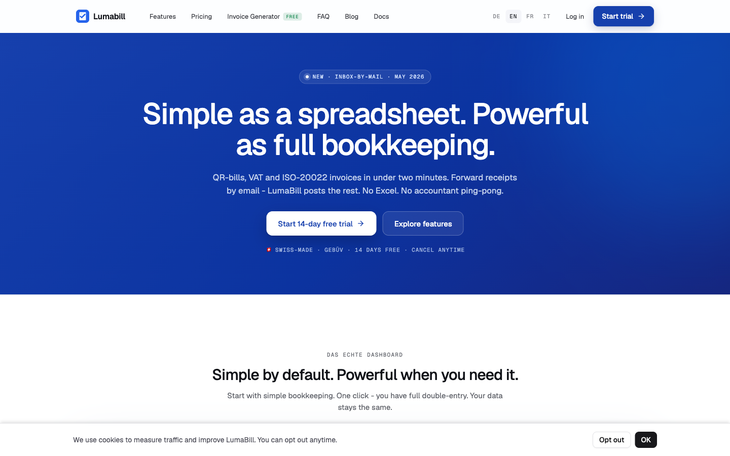 LumaBill invoicing dashboard: Swiss QR invoices and bookkeeping